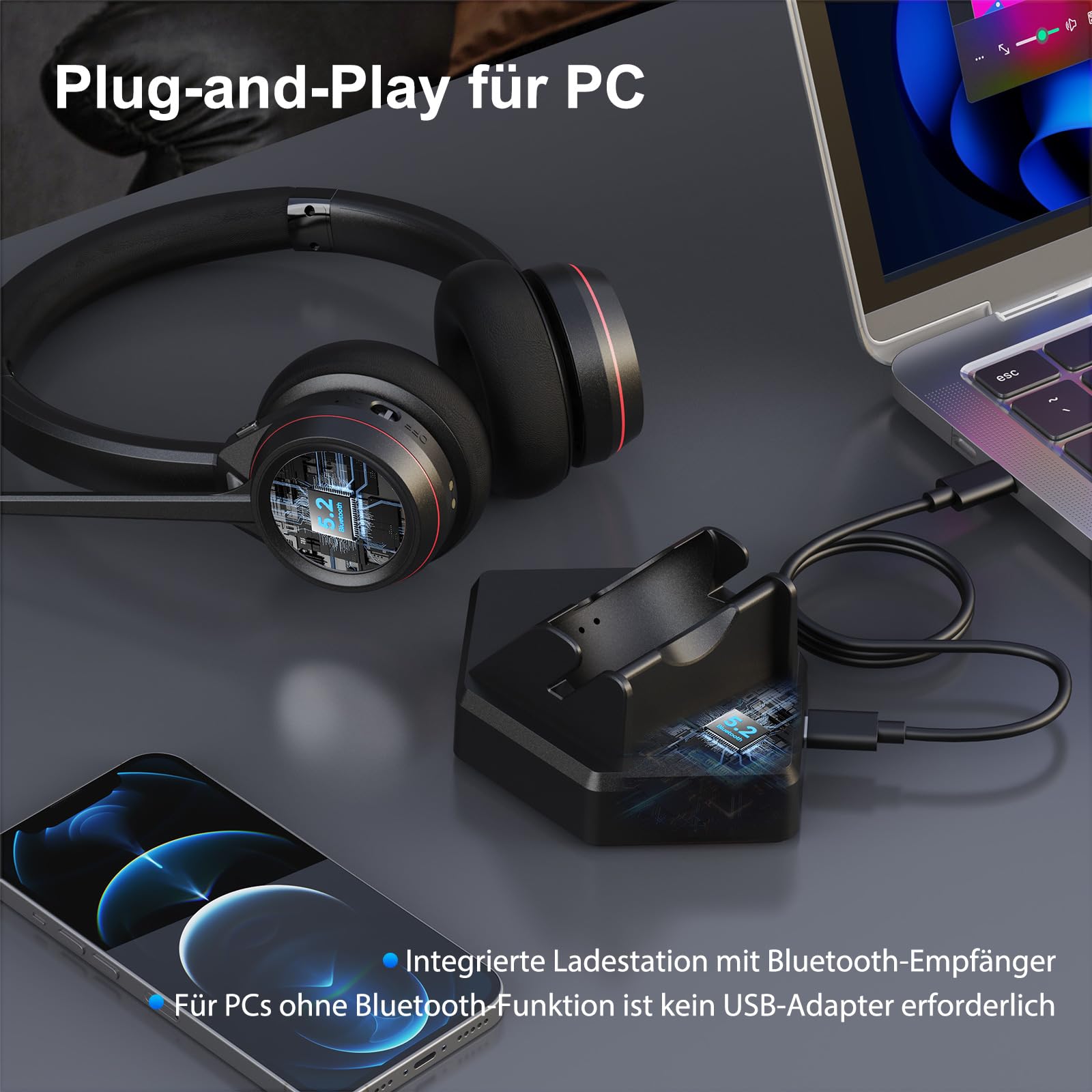Bluetooth Headset mit Mikrofon Noise Canceling, Wireless Headset mit Ladestation & USB Dongle für PC, 40 Stunden Sprechzeit Kabellos für Mac Computer Teams Zoom Laptop Büro Callcenter