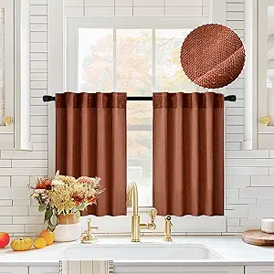 MIULEE Burnt Orange Kitchen Curtains 36 Inch Length 2 Panels, Soft Thick Linen Textured Semi Sheer Light Filtering Short Cafe Tier Curtains for Small Half Window Back Tab Rod Pocket Fall Boho Decor