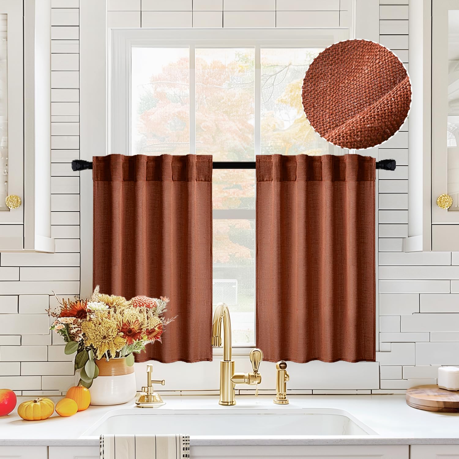 MIULEE Semi Sheer Kitchen Curtains - 2 Panels 29x36 Inches Beige Linen Textured Cafe Curtains