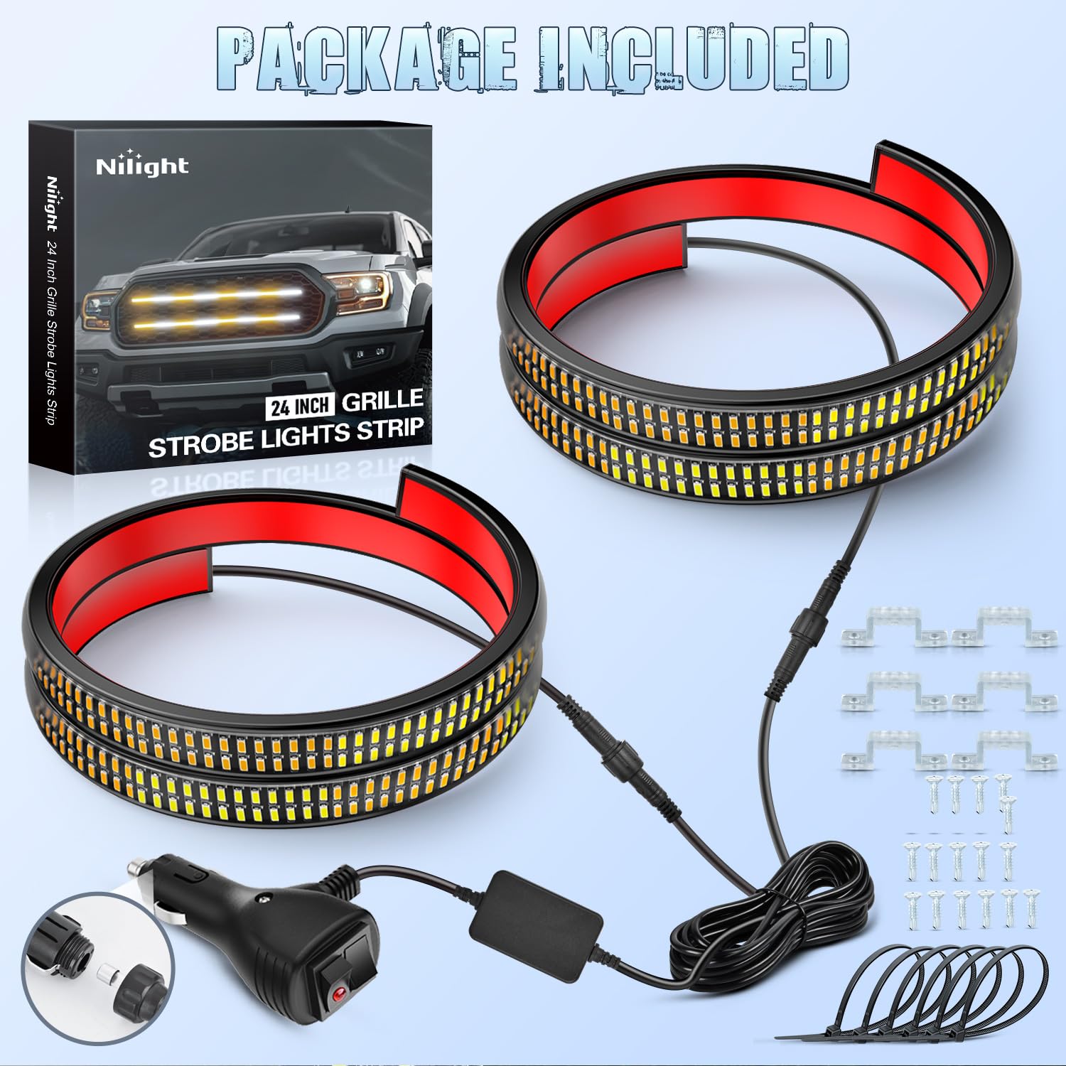 Nilight - Juego de 2 Luces estroboscópicas para Parrilla de camión de 24 Pulgadas, 384 Luces LED de Emergencia Color ámbar Blanco Flexible Lateral Intermitente, Advertencia de precaución, Kit de