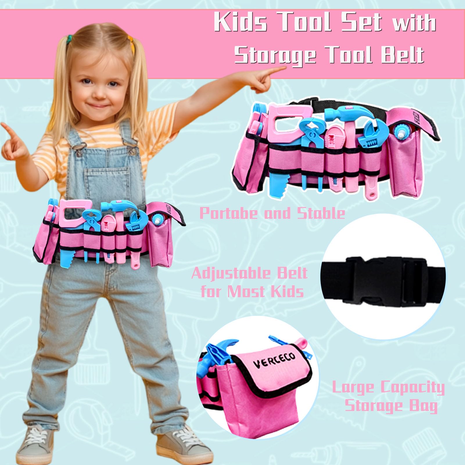 Kids Tool Set 55Pcs Tool Box Toddler Tool Kit for Girls Play Tools Toy with Tool Belt Electronic Toy Drill Safety Vest Pretend Play Construction Toy for Girls Boys Ages 3 4 5 6 7 Years Old