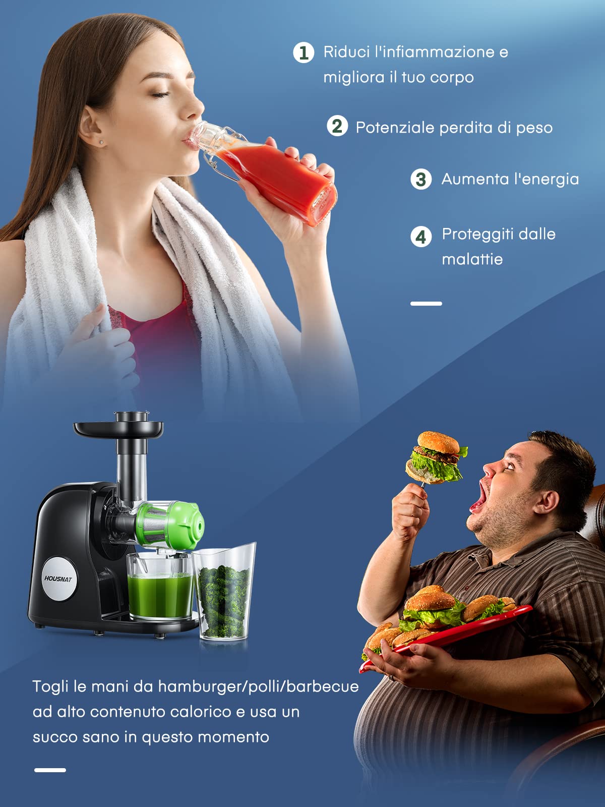Housnat Estrattore Frutta e Verdura, Estrattore di Succo a Freddo con Motore Silenzioso e Funzione Inversa che Evita Blocchi, Facile da Pulire con un Pennello con Ricettario