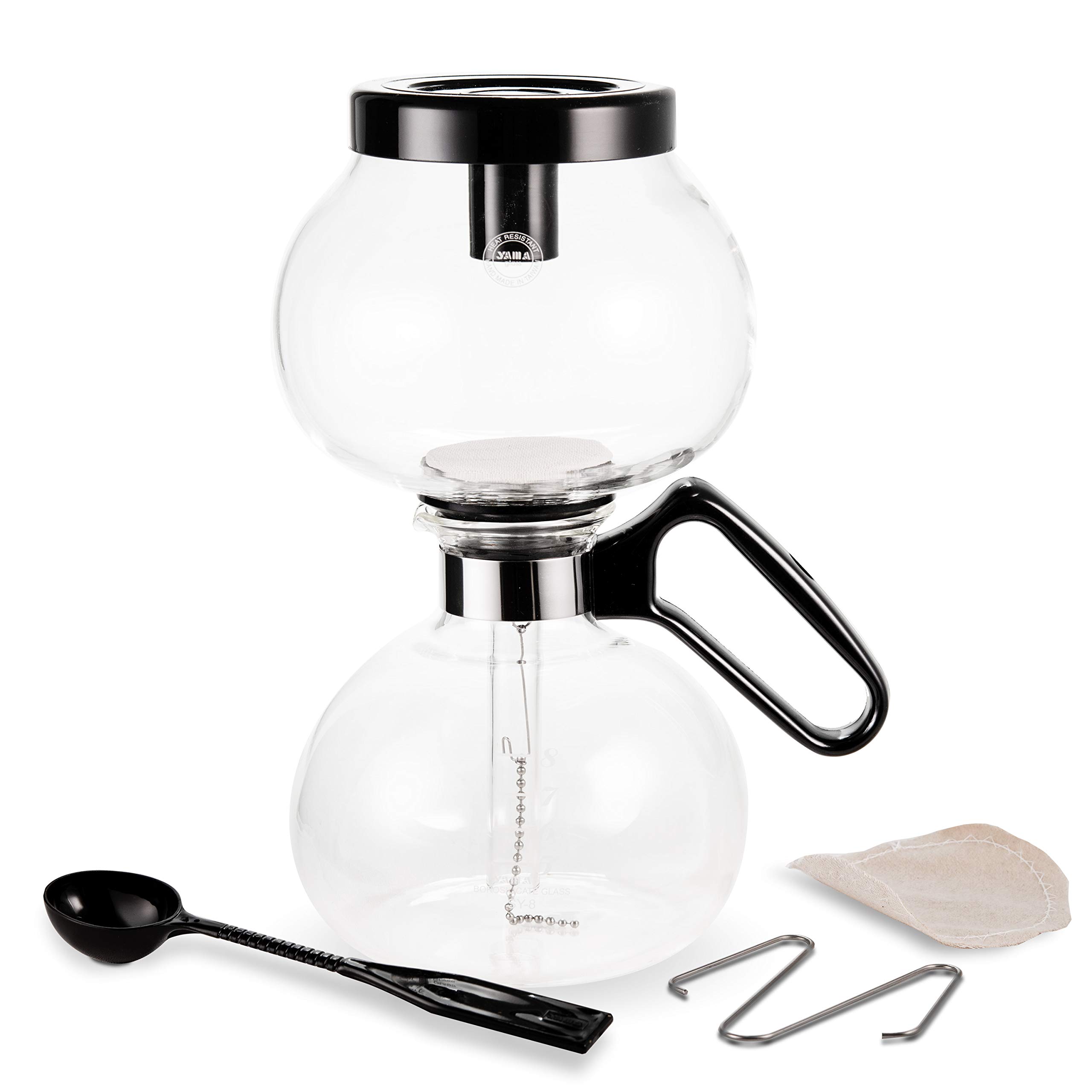 Yama Glass Herdplatten-Siphon Kaffeemaschine I Hitzebeständige Glas-Vakuumkaraffe I Siphonbrauer für Gas-und Elektro-Rangetops I inkl. wiederverwendbarem, waschbarem Stofffilter, farblos, 32oz (8 cup)