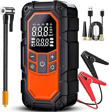 Jump Starter with Air Compressor,3000A car Battery Jump Starter 9.0 Gasoline/6.5L Diesel with 150PSI Digital tire inflator Portable,12V Power Pack Car Jump Box Charger with LCD DisplayOrange