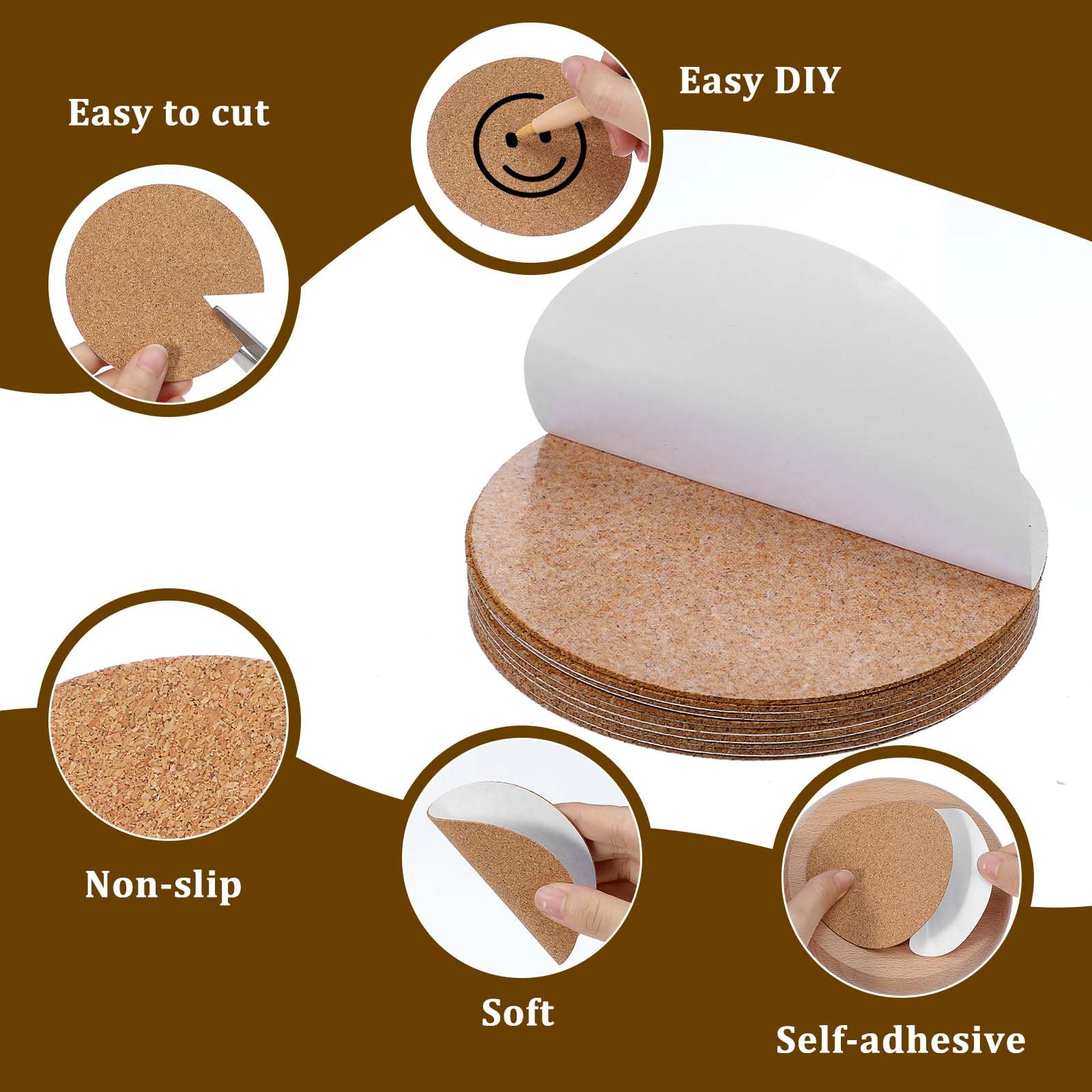 50pcs Dessous De Verre En Liège, 10cm Rondes Autocollantes Feuilles De Liège, Tapis De Support En Liège Pour Dessous De Verre, Petits Pots, Travaux Manuels, Meubles, Maison