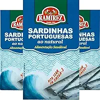 Sardinha em Lata Portuguesa RAMIREZ ao Natural em Água – Rico em Ômega 3 e Proteína – 125g cada - 3 Unidades – Tampa Abre Fácil