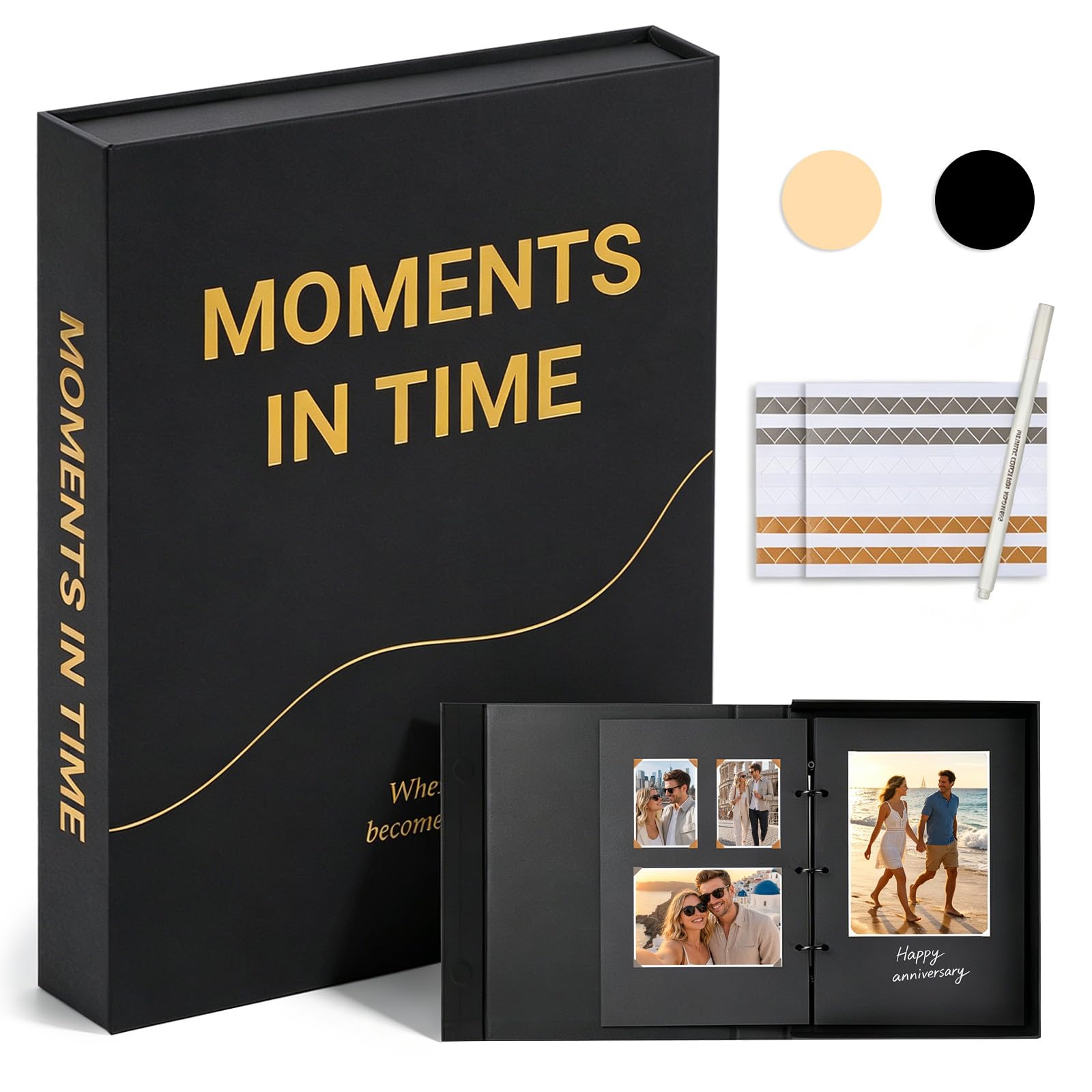 DazSpirit Fotoalbum zum Selbstgestalten, Scrapbook Album mit 70 Schwarze Seiten, 3-Ring-Fotobuch zum Einkleben, mit Fotoecken & Stift, Gästebuch für Hochzeit Geburtstag Geschenk (Schwarz)