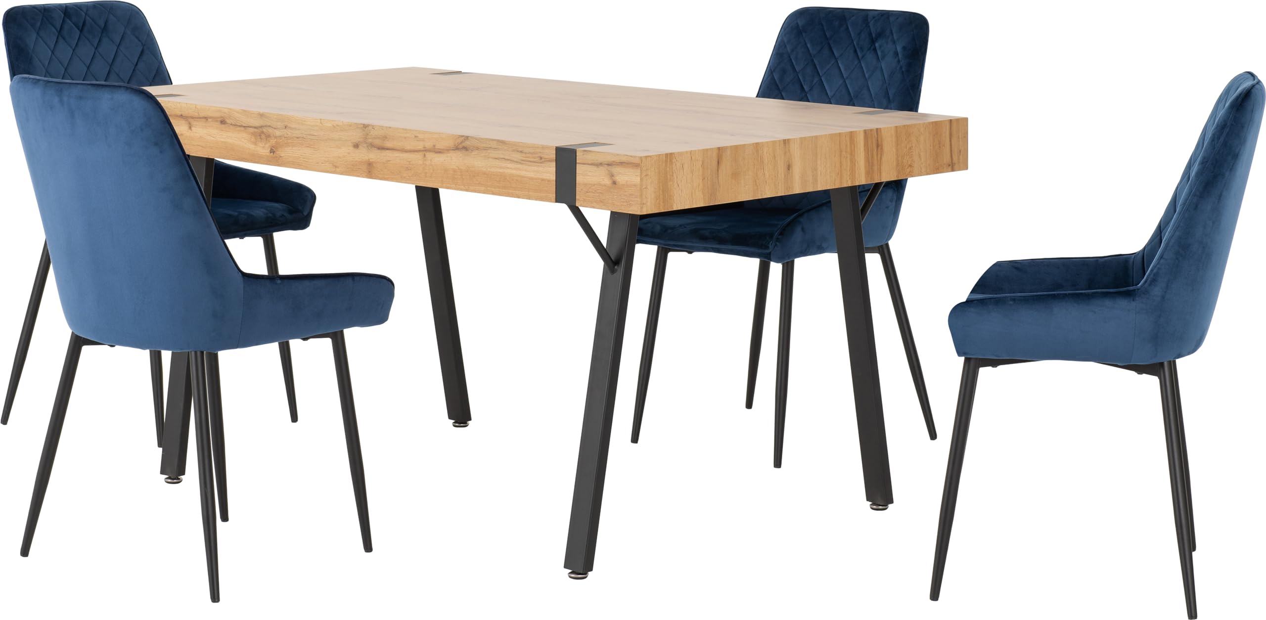 Seconique Treviso Dining Table Set with 4 Avery Dining Chairs in Light Oak Effect/Sapphire Blue Velvet