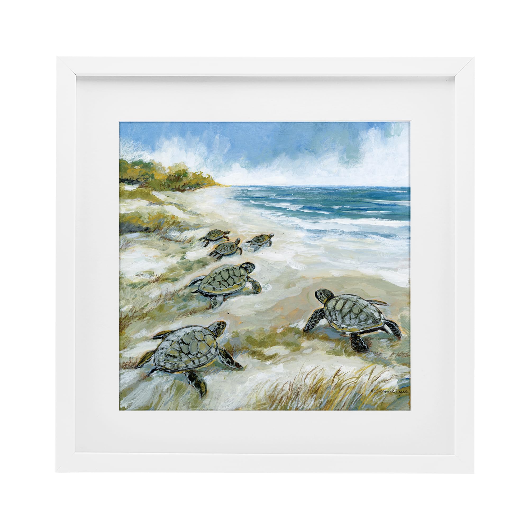 Stupell Industries Coastal White (Textured) 'Baby Sea Turtles On Beach'| Framed Print Under Glass