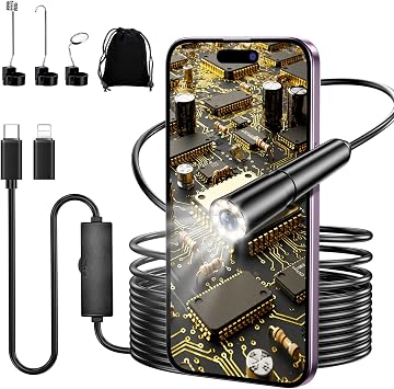 Endoscope Camera with Light, 8mm 1920HD Inspection Camera with 6 LED, IP67 Waterproof Snake Camera with 5m Semi-Rigid Cable, Borescope for Android & iOS, Endoscope for Auto Repair, Plumbing