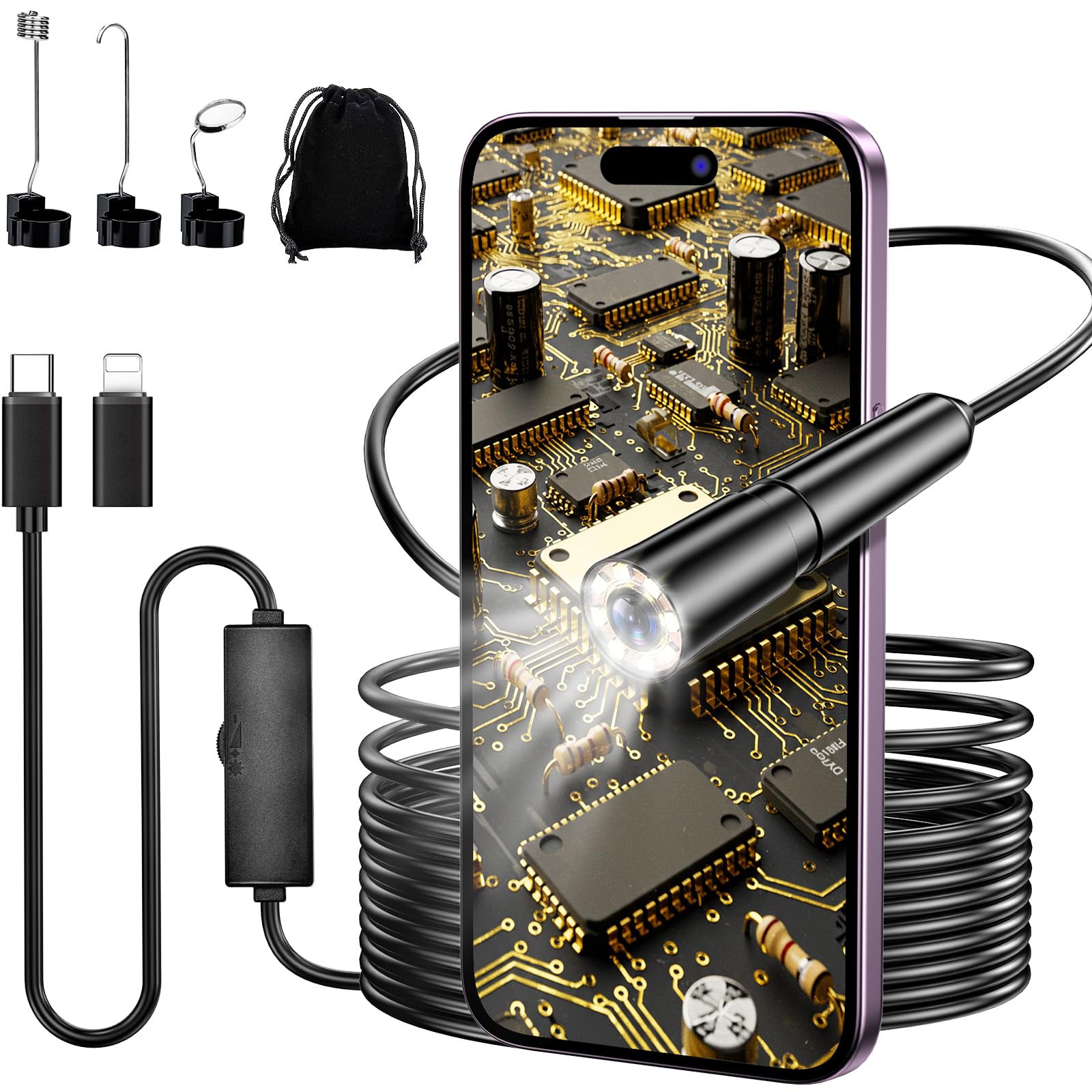 Endoscopio per Smartphone con Luce - Telecamera Endoscopica 8mm 1920 HD, 6 LED, Cavo 5m IP67 - Sonda con Telecamera per Ispezione Tubi, Compatibile Android & iOS, per Auto, Casa, Tubature