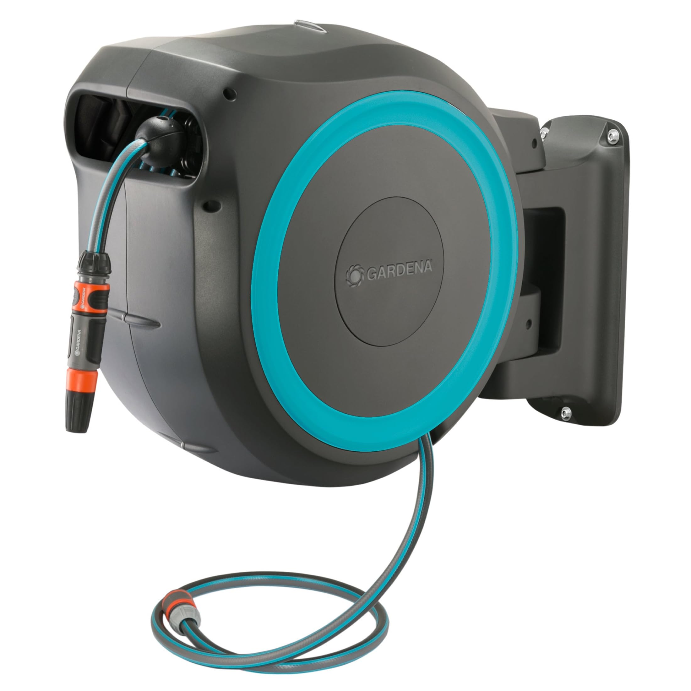 Gardena 115' Ft. Wall Mounted Retractable Hose Reel, And Black/Turquoise