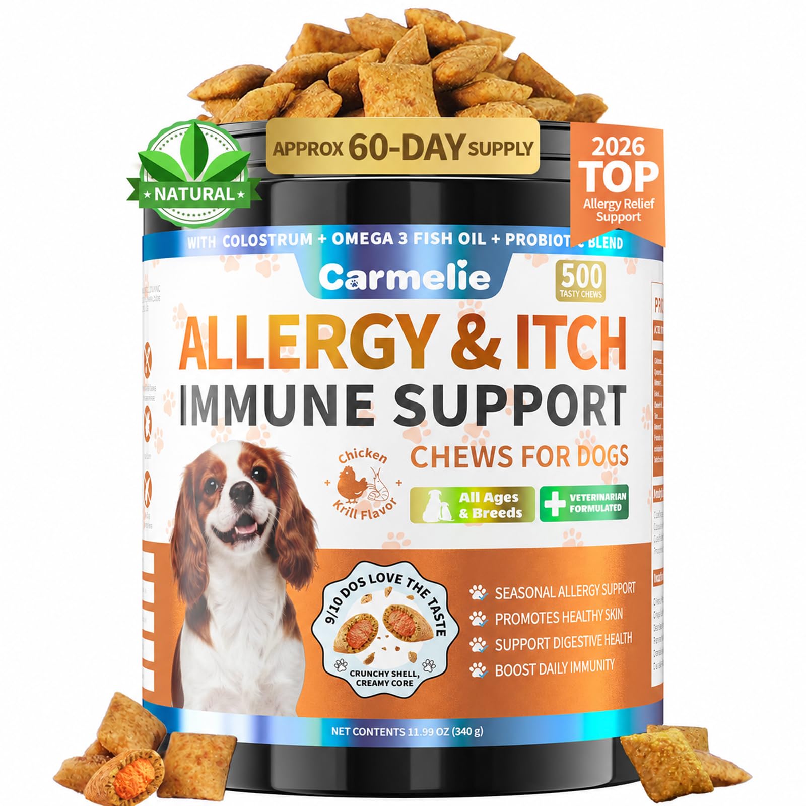 Dog Allergy Chews, 500 Crunchy & Tasty Chews, Dog Itching Skin Relief & Immune Support Chew with Omega 3 Fish Oil Probiotic Blend for Coat Paw Relief Gut & Digestive Health, Chicken Krill Flavor
