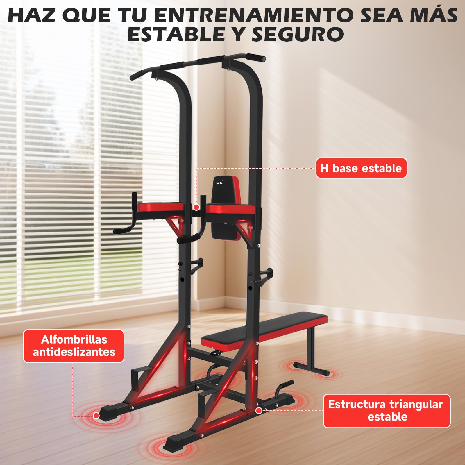 ISE Multiestación de musculación con Torre para levantamiento e inmersión en entrenamiento de fuerza + Banco de musculación plegable con 3 posiciones.Flexiones/dips/dominadas/press de banca