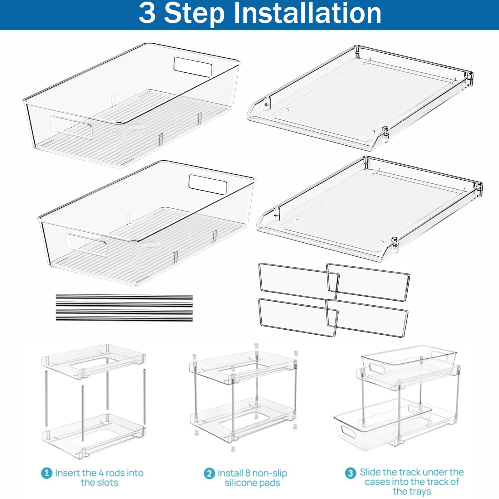iFCOW 2 Tier Bathroom Storage Organizer, 2 Pack Clear Under Sink Organizer Pull-out Cabinet Storage Container for Kitchen Bathroom Pantry Cabinet