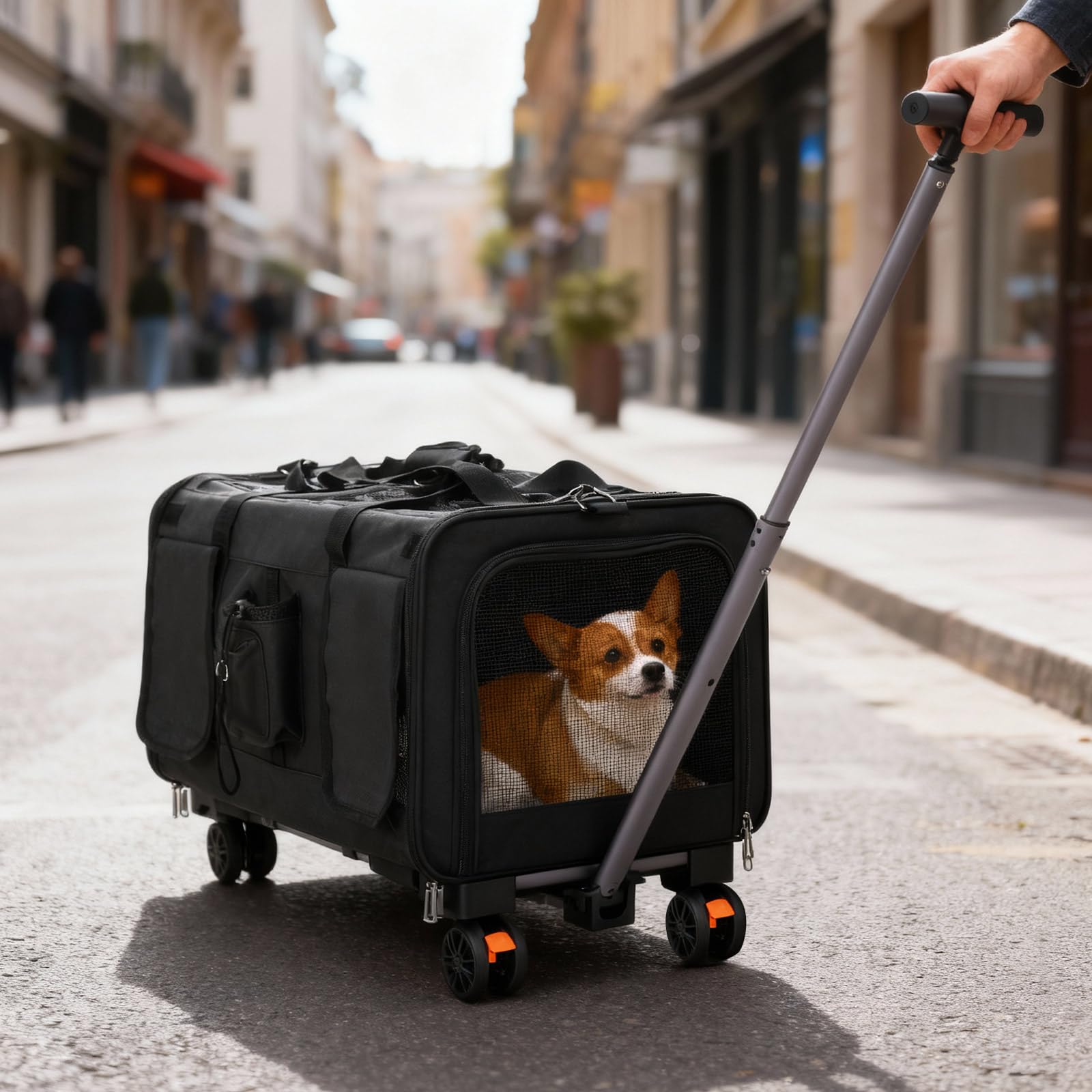 Sac de transport pour chat avec deux compartiments et roulettes, pliable et amovible, pour 2 chats, idéal pour les voyages (noir)
