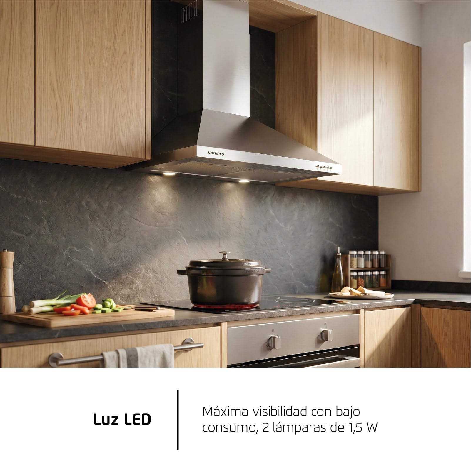 Corberó - Ozdobny dzwonek piramidowy Inox | 70 cm | KURAMATHI760X | Przepływ 621,71 m3/h | 165W | 3 prędkości | 2 filtry aluminiowe | Filtr węglowy | Efektywność energetyczna A, stal nierdzewna
