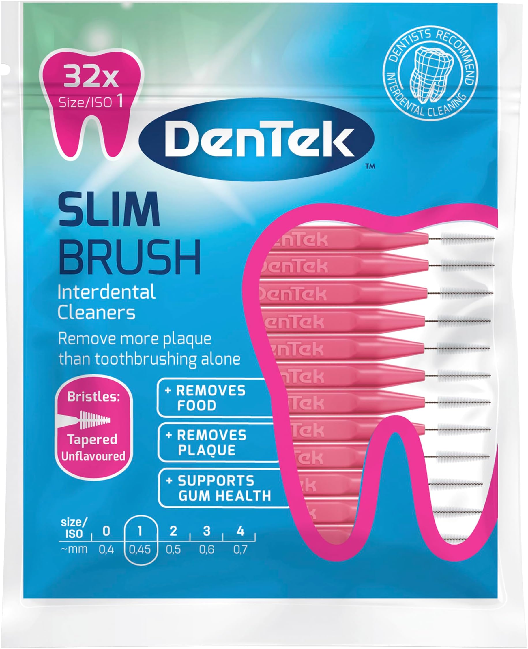 DenTekSlim Brush Interdental Cleaners - Tapered Bristles - Unflavoured - 32 Per Pack - Iso 1 (0.45Mm)
