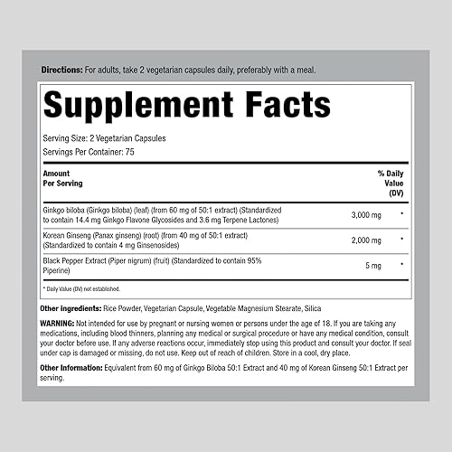 Miniatura 2 de Piping Rock Panax - Cápsulas de ginseng  5000 mg  150 unidades  con Ginkgo Biloba  Suplemento vegetariano, sin OMG y sin gluten