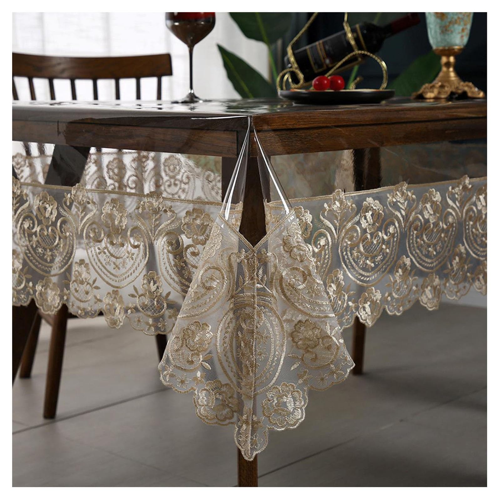 Nappe en vinyle transparent imperméable et anti-tache avec finition macramé