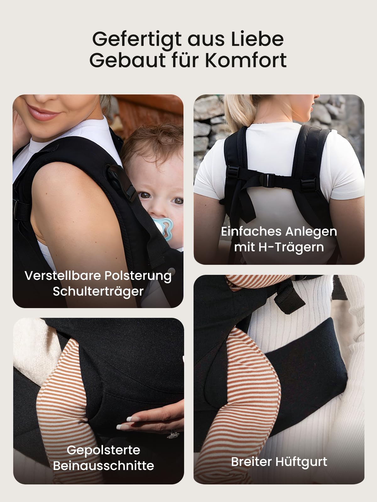 Grownsy Babytrage, Ein-Klick-Schnalle für Einfaches Anlegen, Bequemer Träger von Neugeborenem bis Kleinkind mit Kopfstütze (3-20kg, 3-24Monate), Ergonomisch & Leicht (Schwarz)