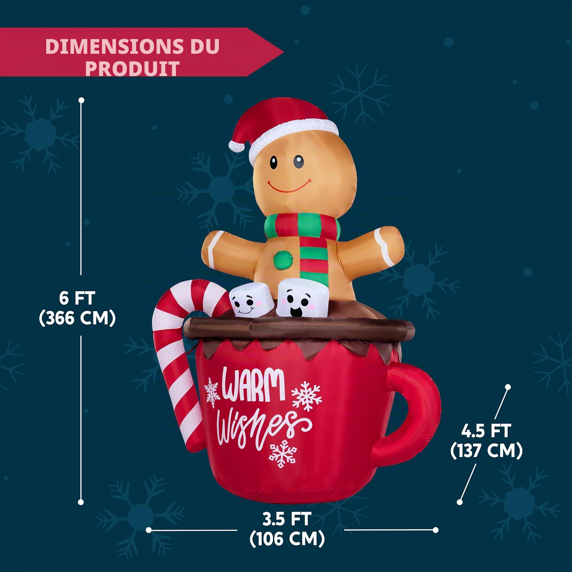 JOIEDOMI Bonhomme en Pain d'épices Gonflable de 1,8 m de Haut dans Une Tasse de Cacao Chaud avec LED intégrées, décoration de Cour Gonflable en Pain d'épices pour fête de Noël, décoration de Jardin