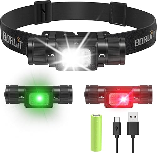 BORUIT HP360 - Linterna frontal recargable (rojo y verde), 7 modos, lámpara de cabeza súper brillante, luces de cabeza de ángulo de 180 para frente,