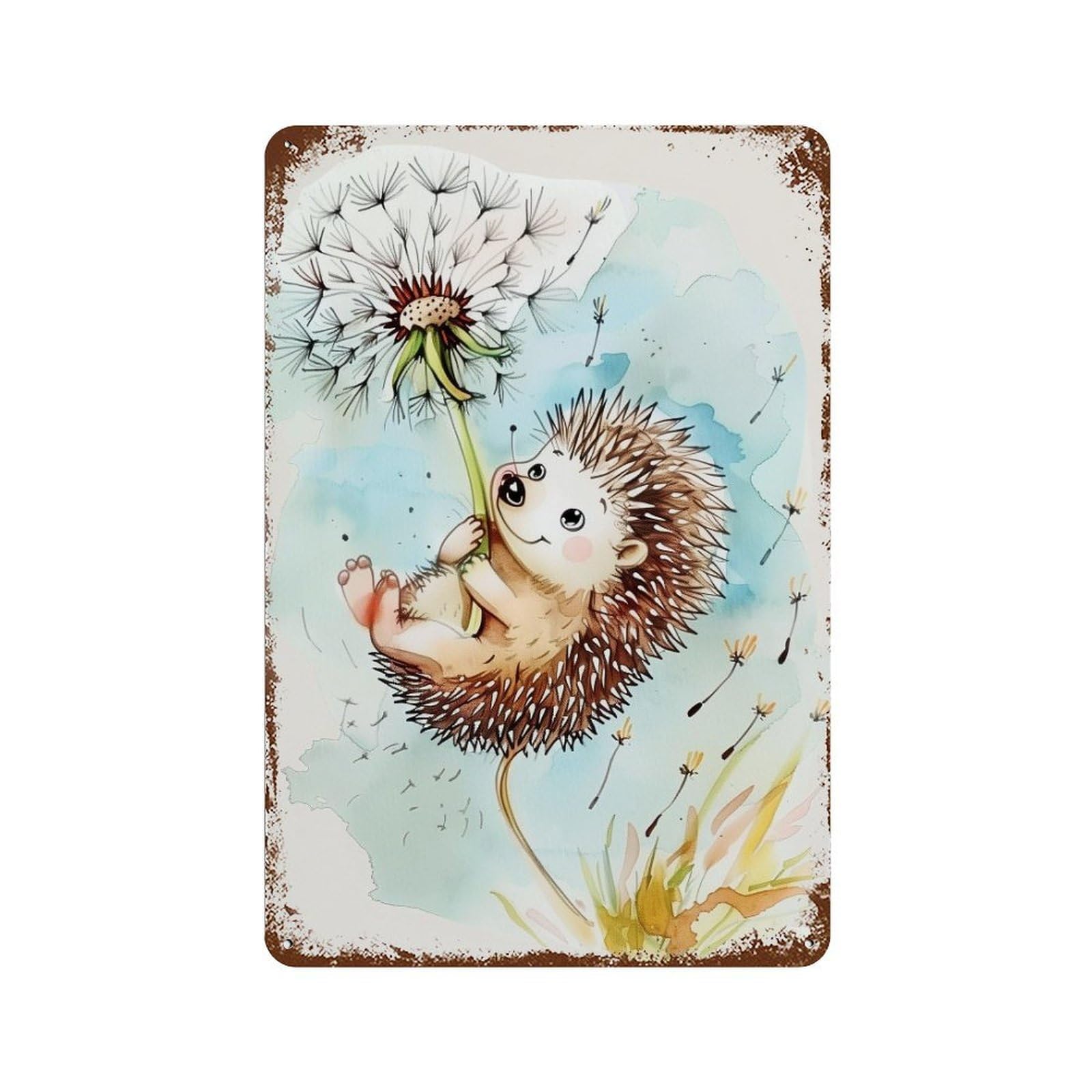 Cute Hedgehog with Dandelion Vintage Rust Metal Sign 11.8"x7.9", for Garage, Bar And Workshop Decor, Decorative Metal Wall Art