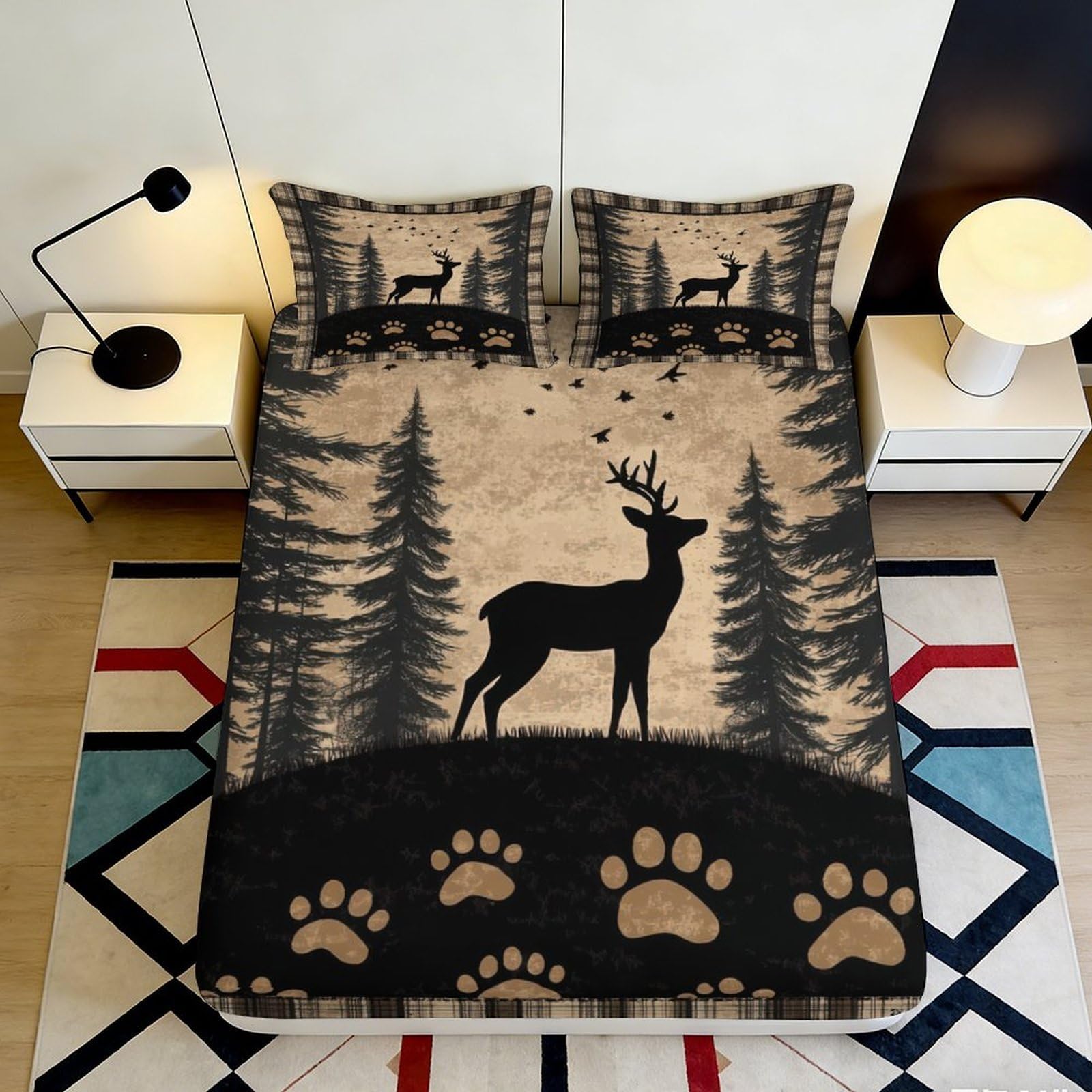 3D Printed Forest Deer Fitted Sheet Microfiber Non-Slip Animal Paw Bed Cover for Bedroom Guest Room Decor Easy Care 120x200x25cm