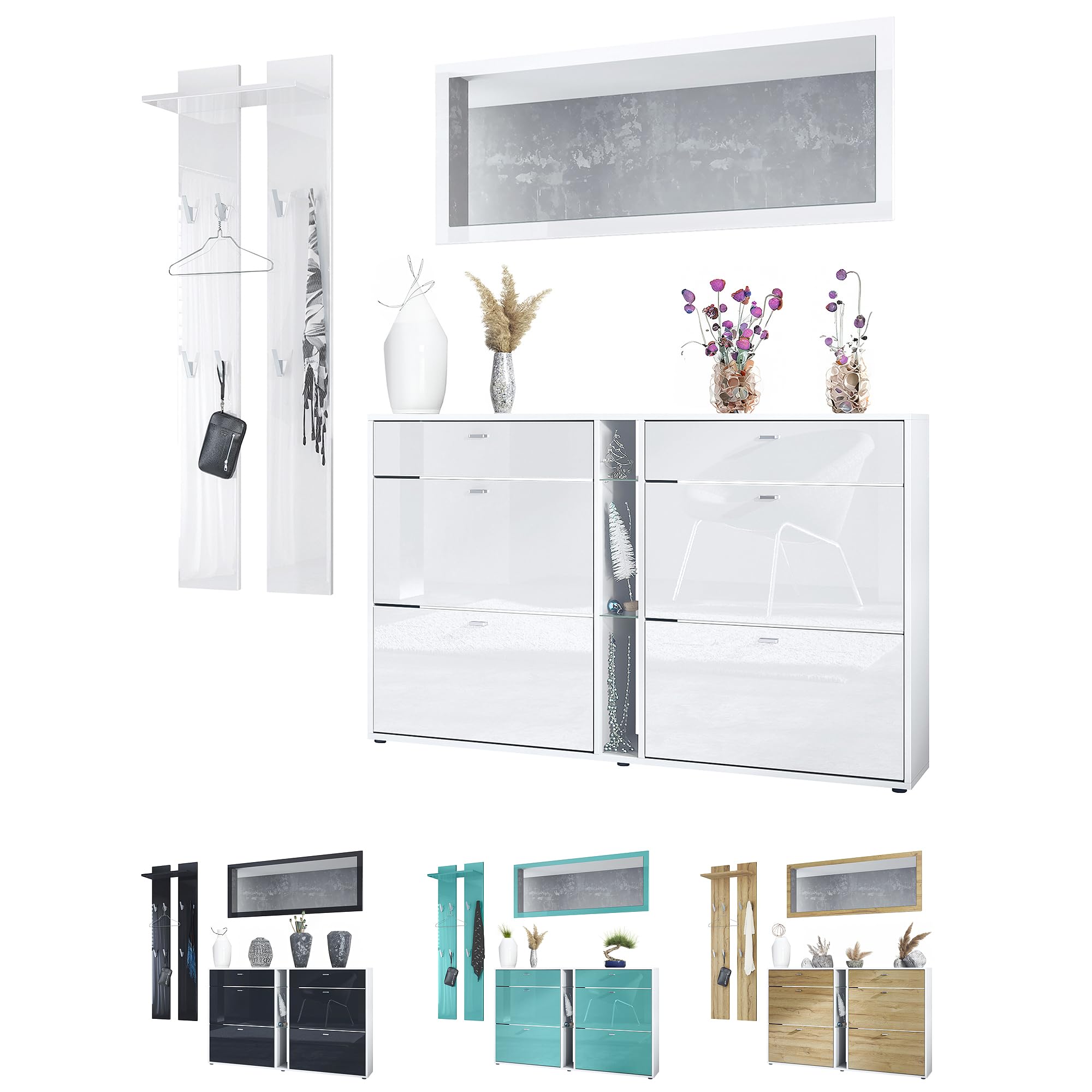 Vladon Set Guardaroba Orlando con scarpiera, Pannello a Muro e Specchio a Parete, Bianco Opaco/Grigio Sabbia Lucido