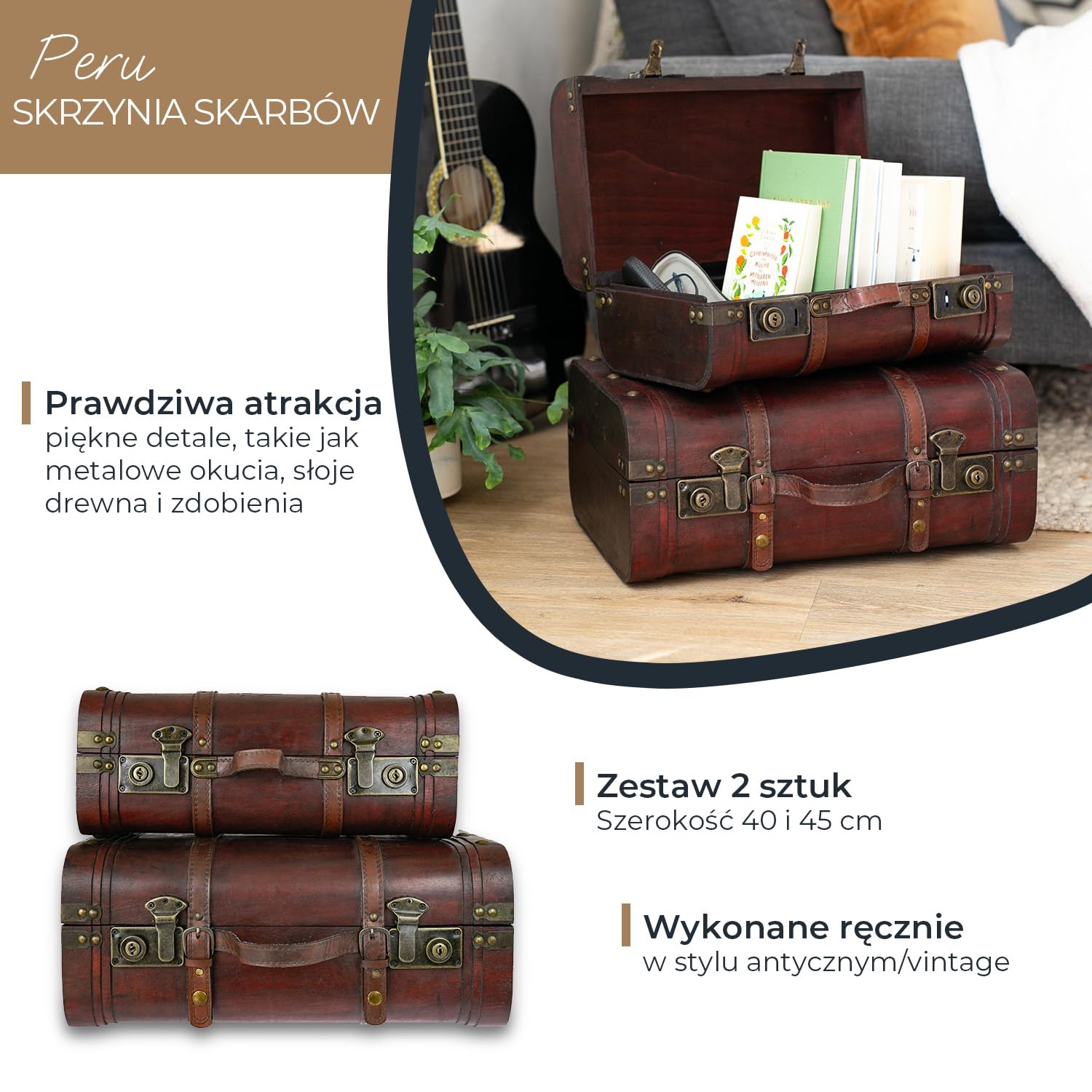 HMF 6412700 Drewniana skrzynia na skarby, walizka w stylu vintage, zestaw 2 sztuk, różne Rozmiary, Peru