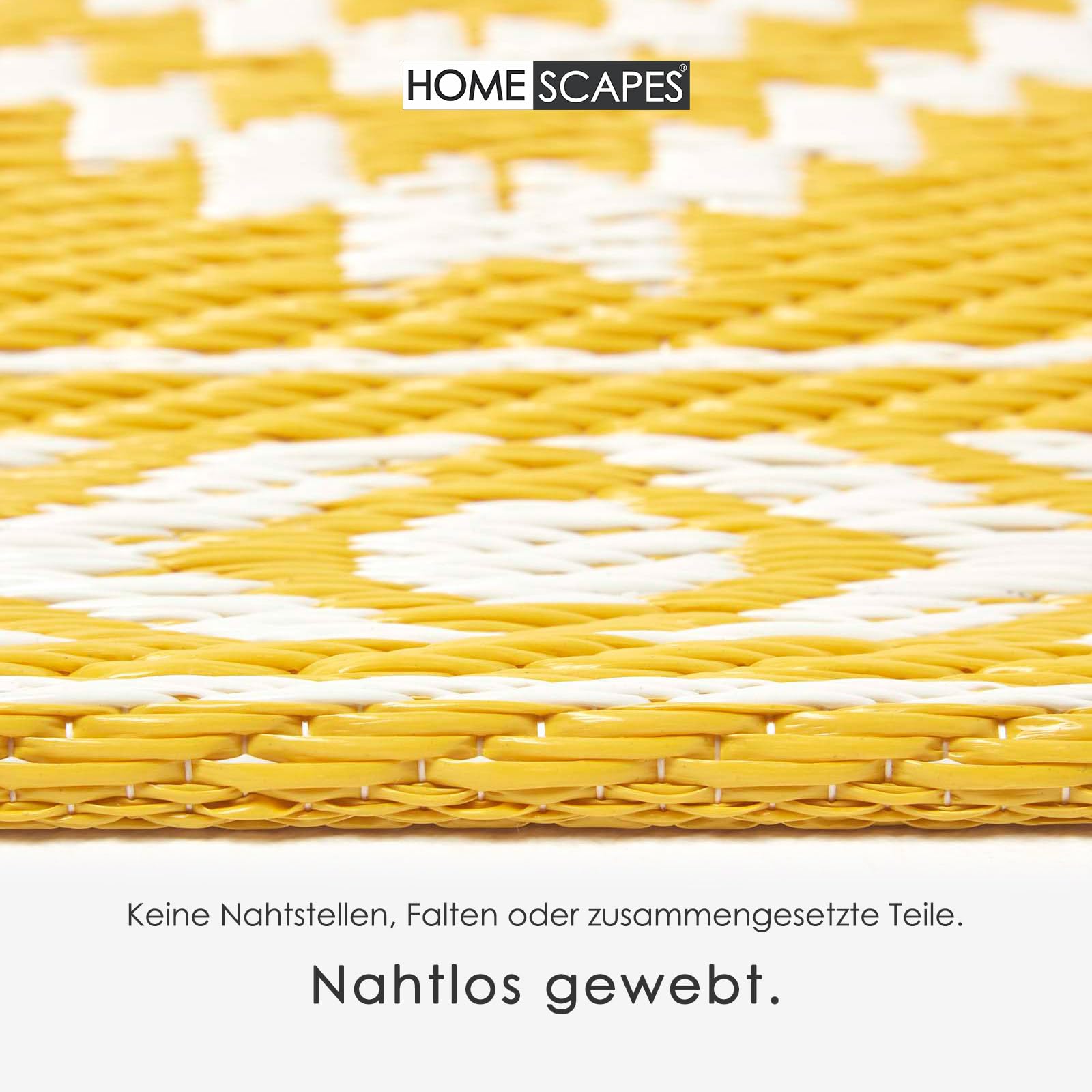 Homescapes Outdoor Teppich wetterfest – Anna Gartenläufer aus recyceltem Polypropylen, beidseitig verwendbar, gelb-weiß Gemustert, für Balkon, Terrasse, Garten, Camping & Indoor, 75x200 cm