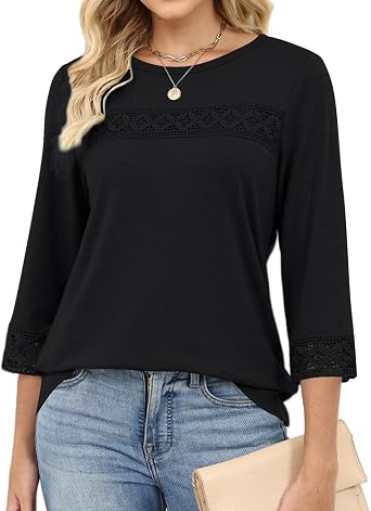 VIMPUNEC 3/4 Length Sleeve Womens Tops Lace Blouses Dressy Casual Shirts Summer Clothes