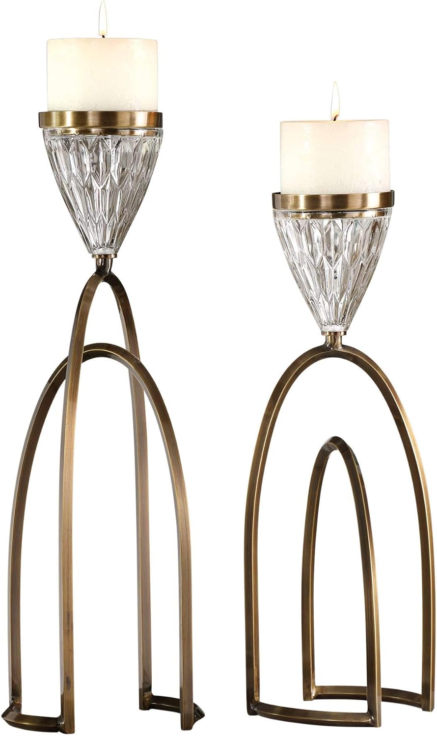 Carma Bronze and Clear Glass Pillar Candle Holder Set of 2