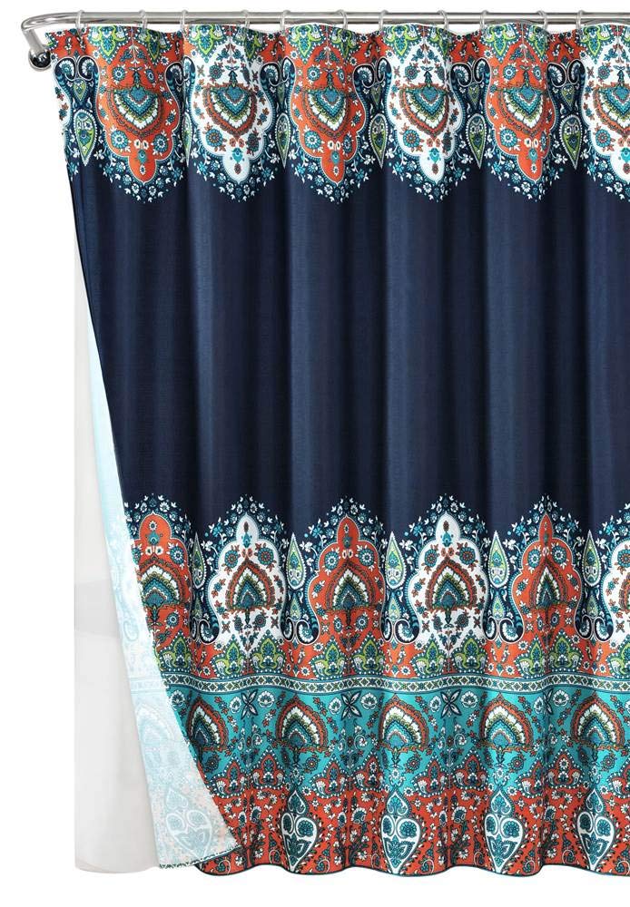 Lush Decor - Cortina de Ducha con Forro y Anillos de Peva (14 Piezas, 182,88 x 182,88 cm), Color Naranja y Turquesa, poliéster, Azul Marino, 72 Inches x 72 Inches