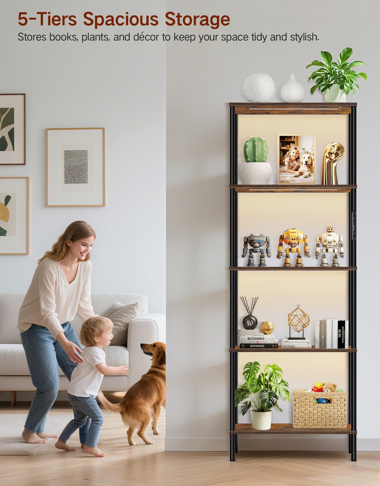 Libreria a 5 Ripiani con Luce LED, Scaffale in Legno 60 x 30 x 170 cm, Dimmerabile con Touch e Telecomando, Libreria Verticale Salvaspazio per Soggiorno, Camera da Letto, Ufficio