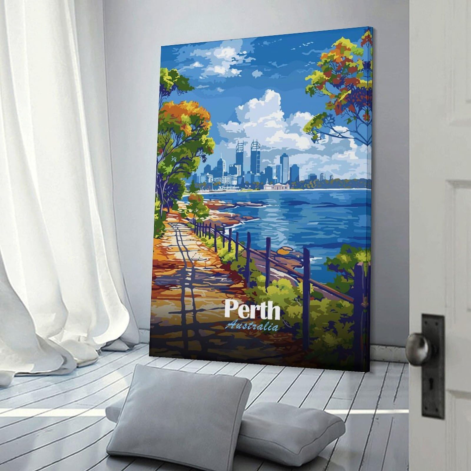 Junmoney Perth Australia Cityscape Travel Wall Art Print 20x30inch(50x75cm), for Living Spaces, Bedrooms Or Relaxed Rooms, A Home Accent with Warm Character