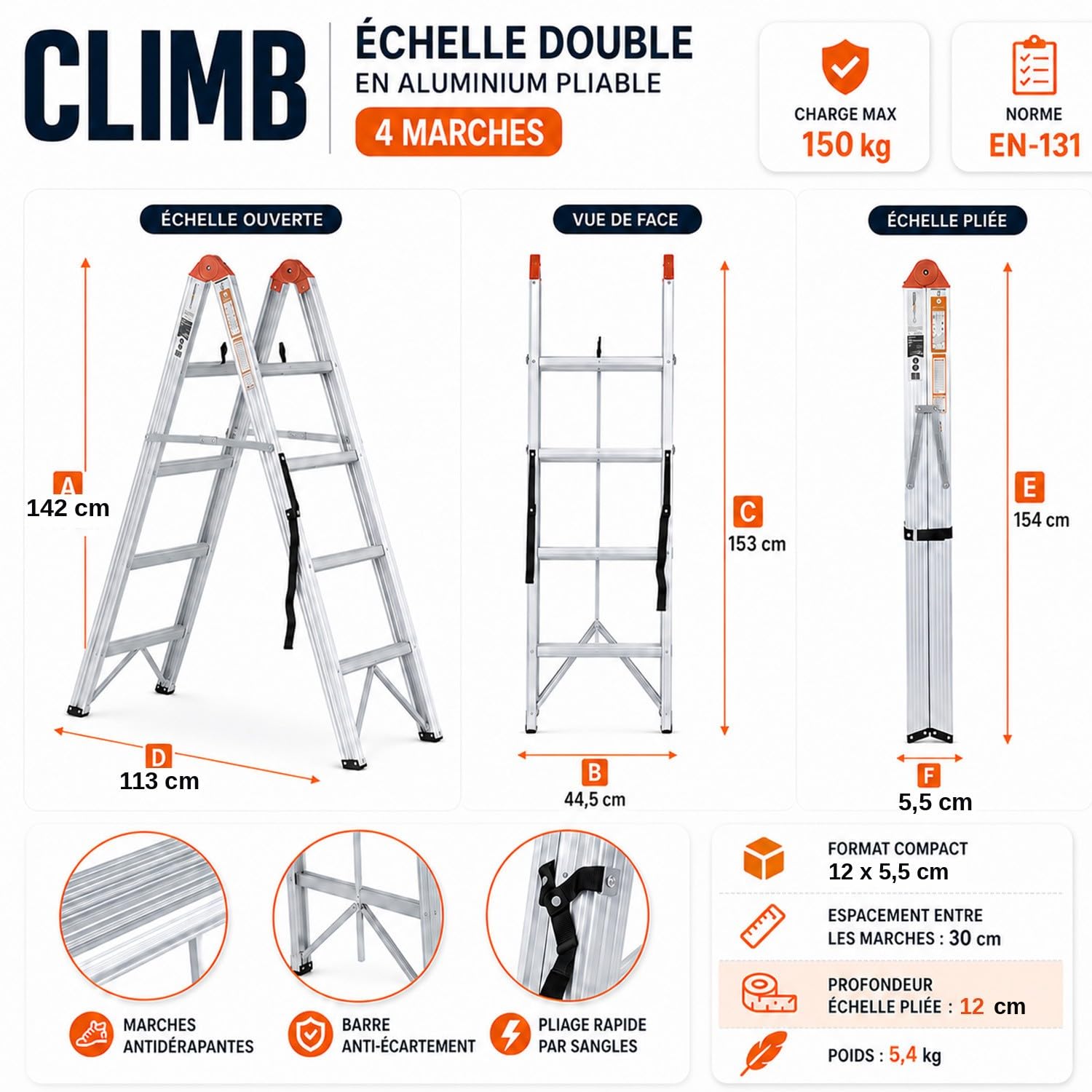 Climb Echelle Double Pliable et compacte en Aluminium 4 marches
