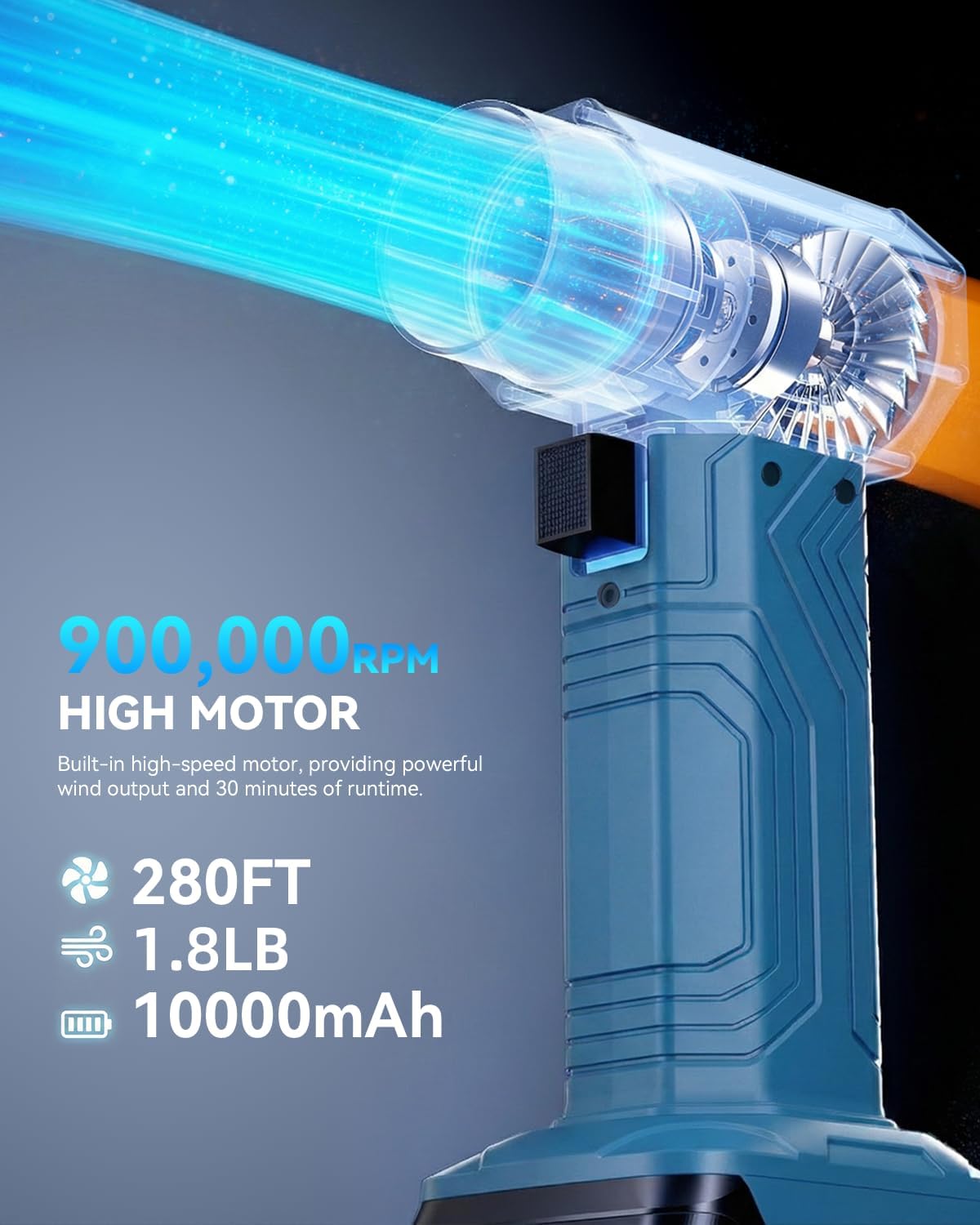 Cordless Turbo Dryer Blower for Car - Snow Blower, Featuring a 10,000mAh Battery Module, Maximum Thrust of 1.8 lbs, Lightweight Design, Ideal for clearing Snow from lawns, Gardens, and Vehicles(Blue)