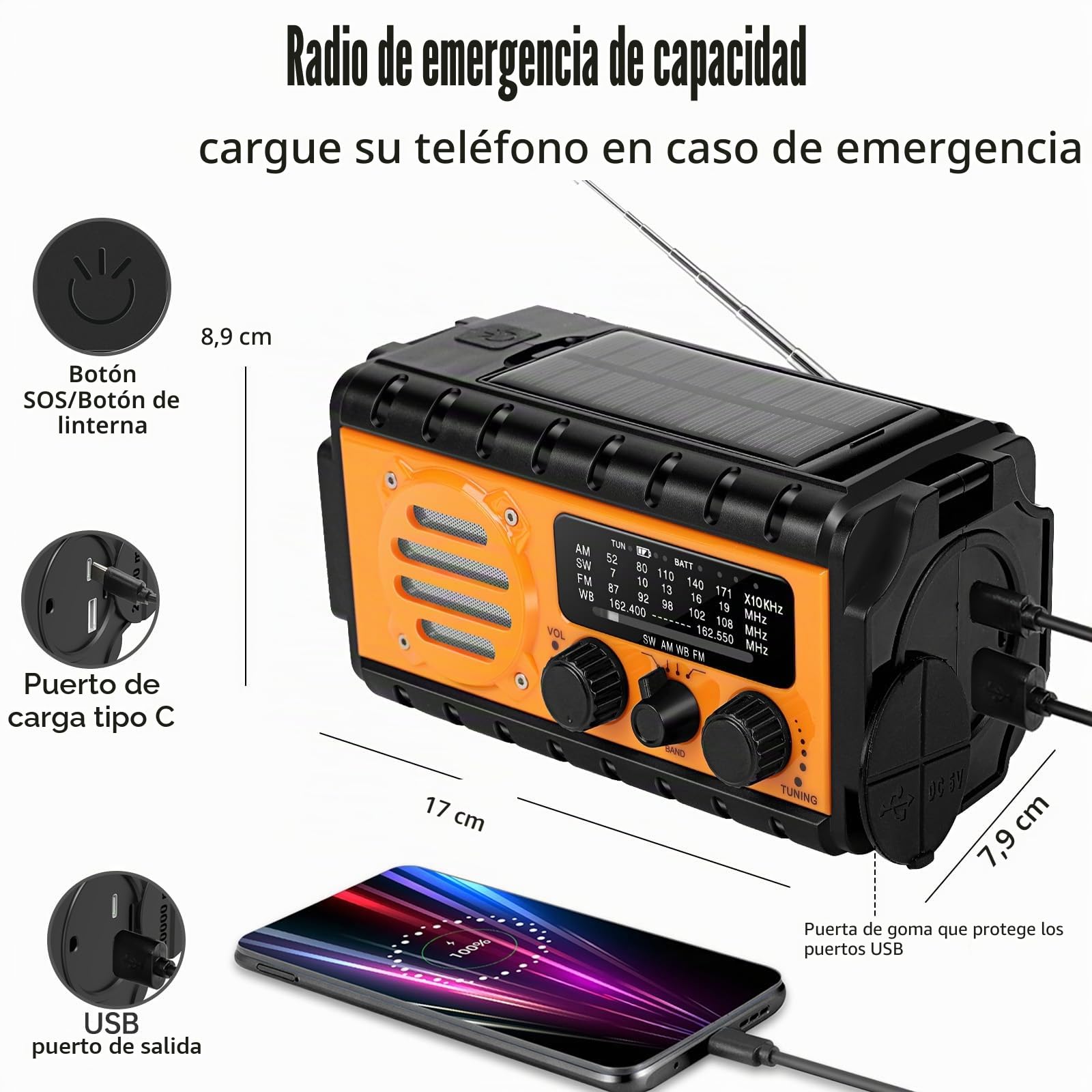 Radio de Emergencia Portátil 20000mAH, TKMARS Radio de Manivela Pequeña Am FM con Solar y Pilas Radios Power Bank con Linterna y Lámpara de Lectura, Alarma SOS, Cargador de Teléfono(Naranja)
