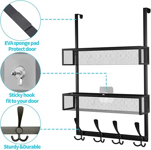Miniatura 5 de Kaiferty Organizador de ganchos para puerta, perchero con 12 ganchos y 2 cestas de malla, organizador de almacenamiento trasero de puerta para baño,
