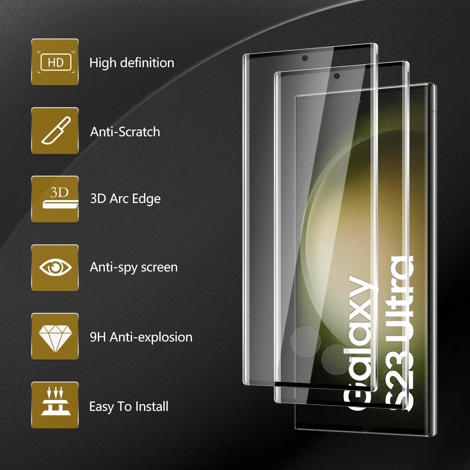 Folia ochronna na wyświetlacz z hartowanego szkła do Samsung Galaxy S23 Ultra, odporna na odciski palców, twardość 9H, odporna na zarysowania, zakrzywiona folia ze szkła hartowanego 3D
