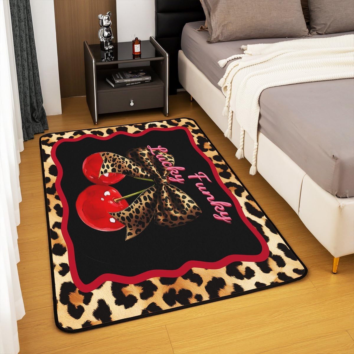 Cute Cherry Area Rug 5x6'6''x0.39''with Non Slip Rugs,Farmhouse Cheetah Skin Printed Home Decor Office Area Rug,Chic Leopard Bowknot Indoor Floor Mat for Playroom Bedside Office