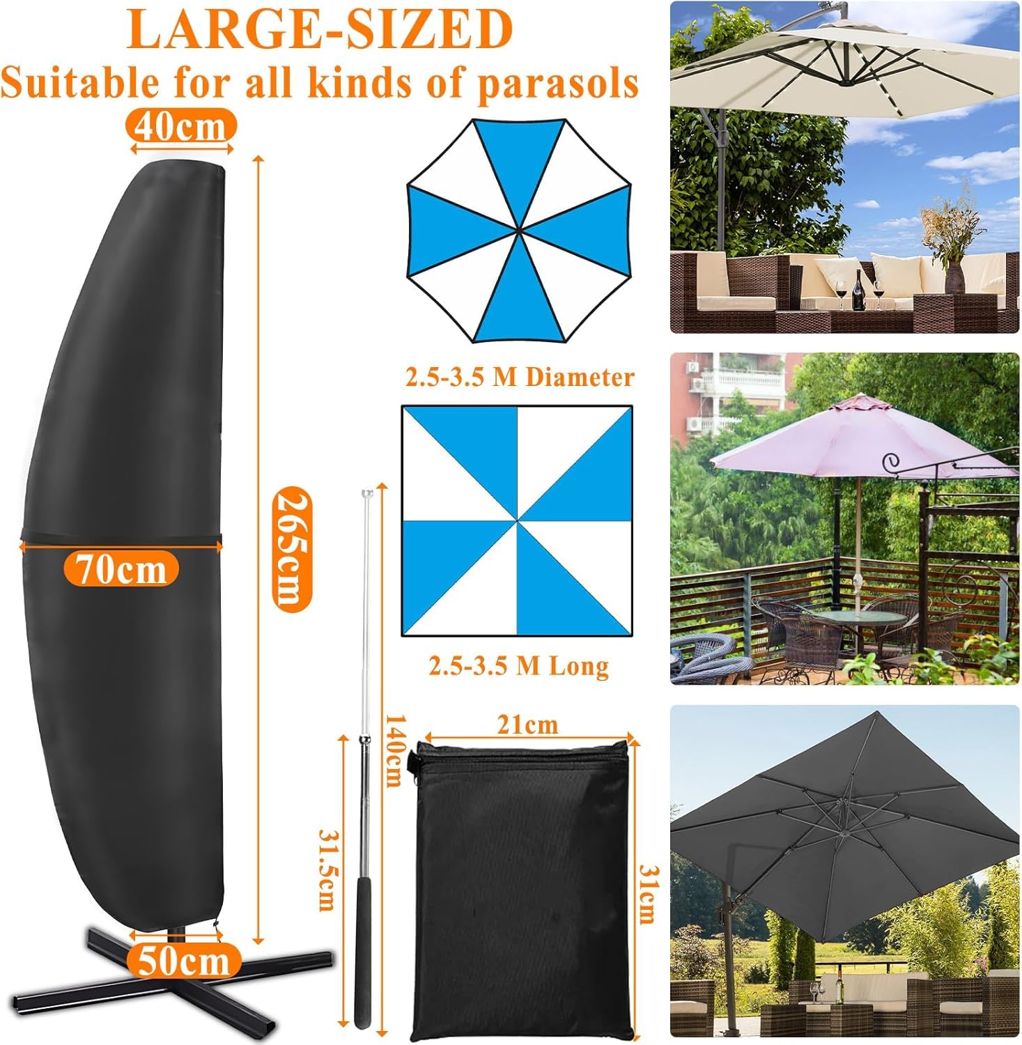 Housse de Protection Parasol Déporté Tissu Oxford 420D Imperméable Anti UV 2-3,5m