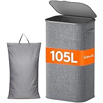 Lifewit Cesto Portabiancheria, Cesta Panni Sporchi con coperchio, Laundry Basket con Plastica Manici, Porta Biancheria Sporca per Bagno, Lavanderia, Camera da Letto, 105 L, Grigio Chiaro