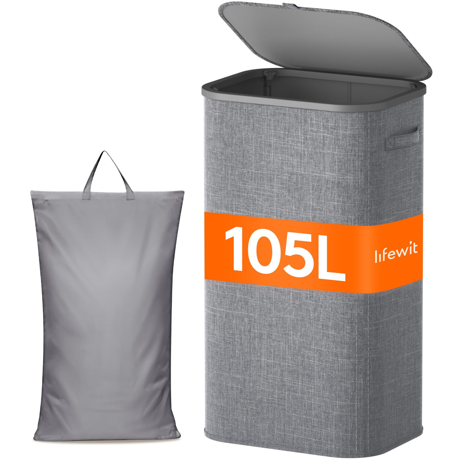 Lifewit 105L Wäschekorb mit Deckel, faltbarer Wäschesammler, Hellgrau | Große Wäschebox mit entnehmbarem Wäschesack und Tragegriffen, Schmutzwäschebehälter für Schlafzimmer, Bad und Waschküche