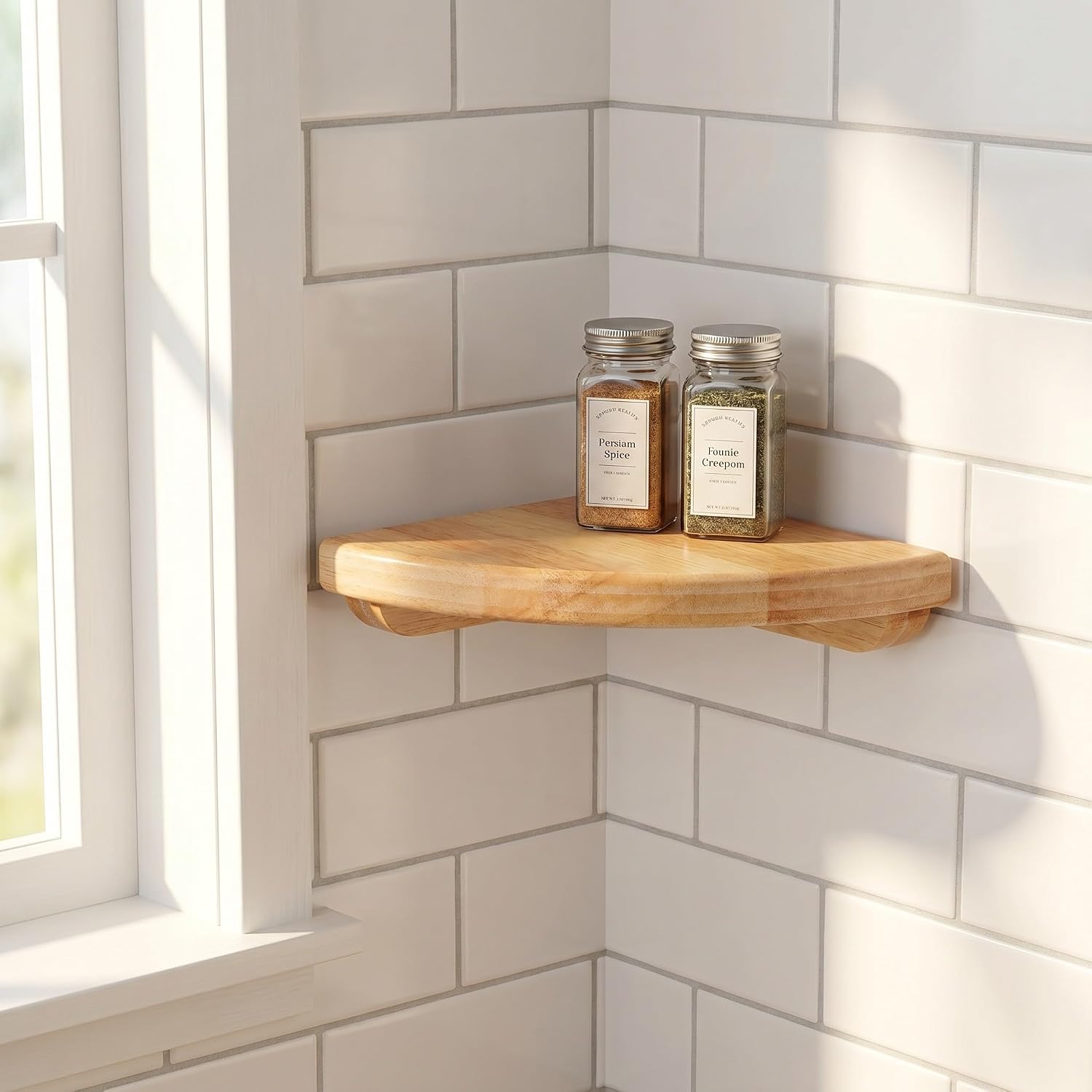 Wood Corner Floating Shelf Wall Mounted Fan-Shaped Triangle Storage Rack for Bedroom and Kitchen, Easy Installation with Natural Wood Material and Space Saver Design
