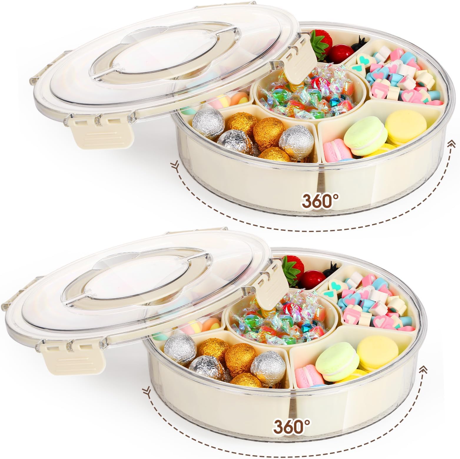 Maxdot 2 Pcs Divided Serving Tray with Lid and Handle, Rotatable Snack Box Container for Fridge, Ratating Snackle Portable Spinner Food Platter for Charcuterie Veggie Fruit Storage Party Picnic Travel