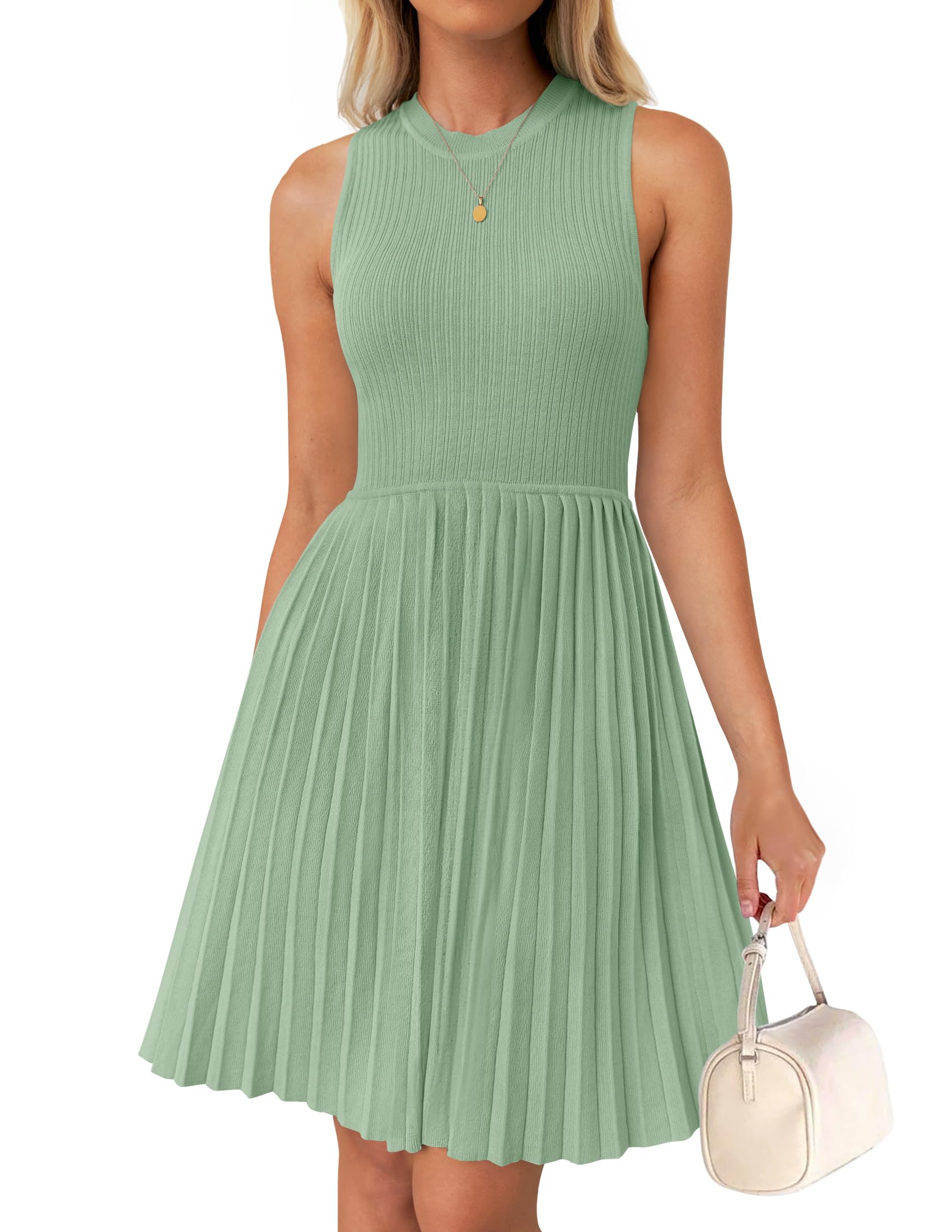 ZESICA Women's Summer Sleeveless Mini Dress 2025 Crewneck Knit A Line Pleated Swing Casual Basic Short Dress