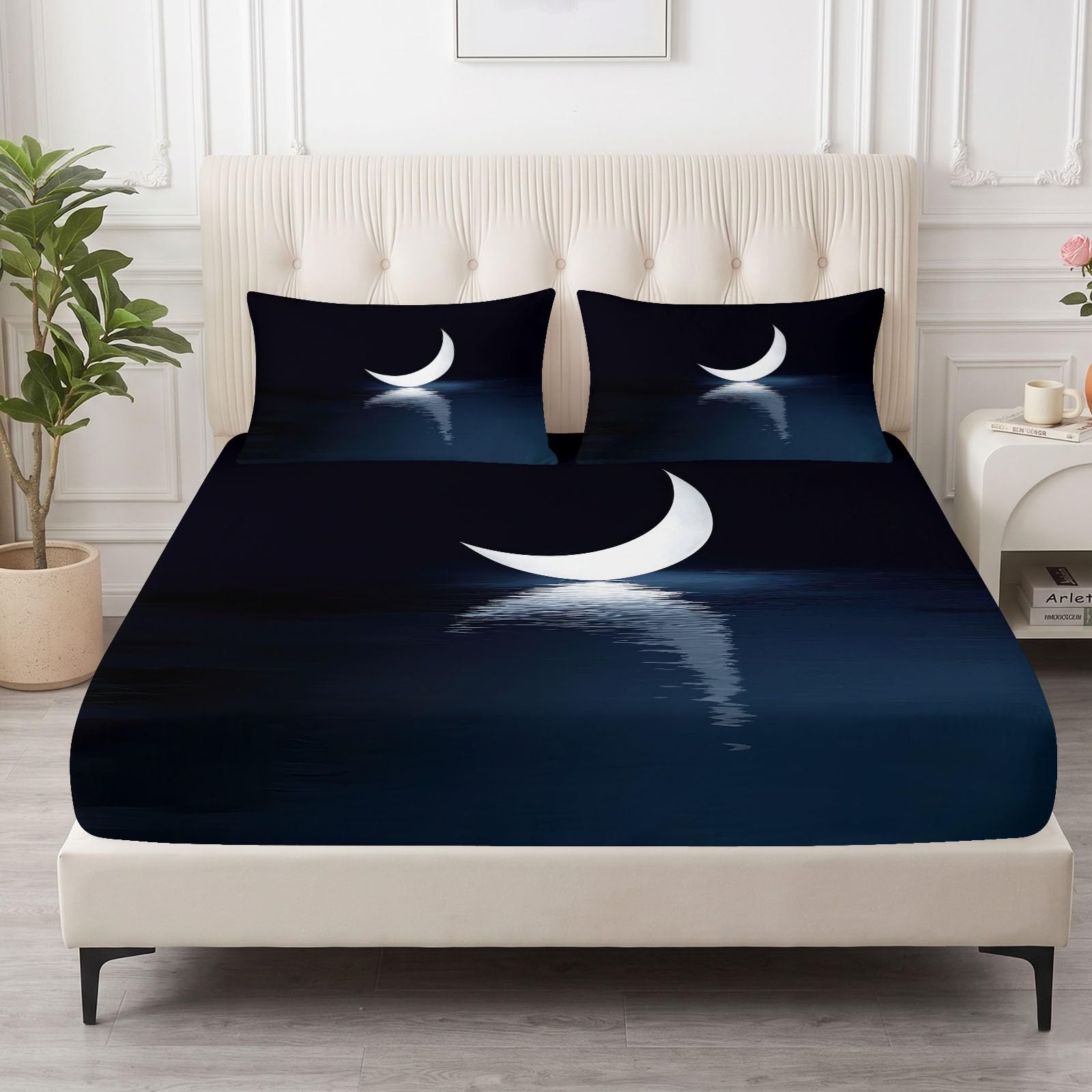 Sábana bajera ajustable de microfibra de 160 cm con diseño de noche de luna